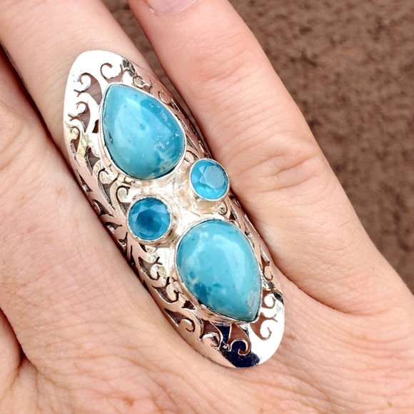 New Mosaic Jasper and Chalcedony 925 Silver Statement Ring. - Picture 2 of 13